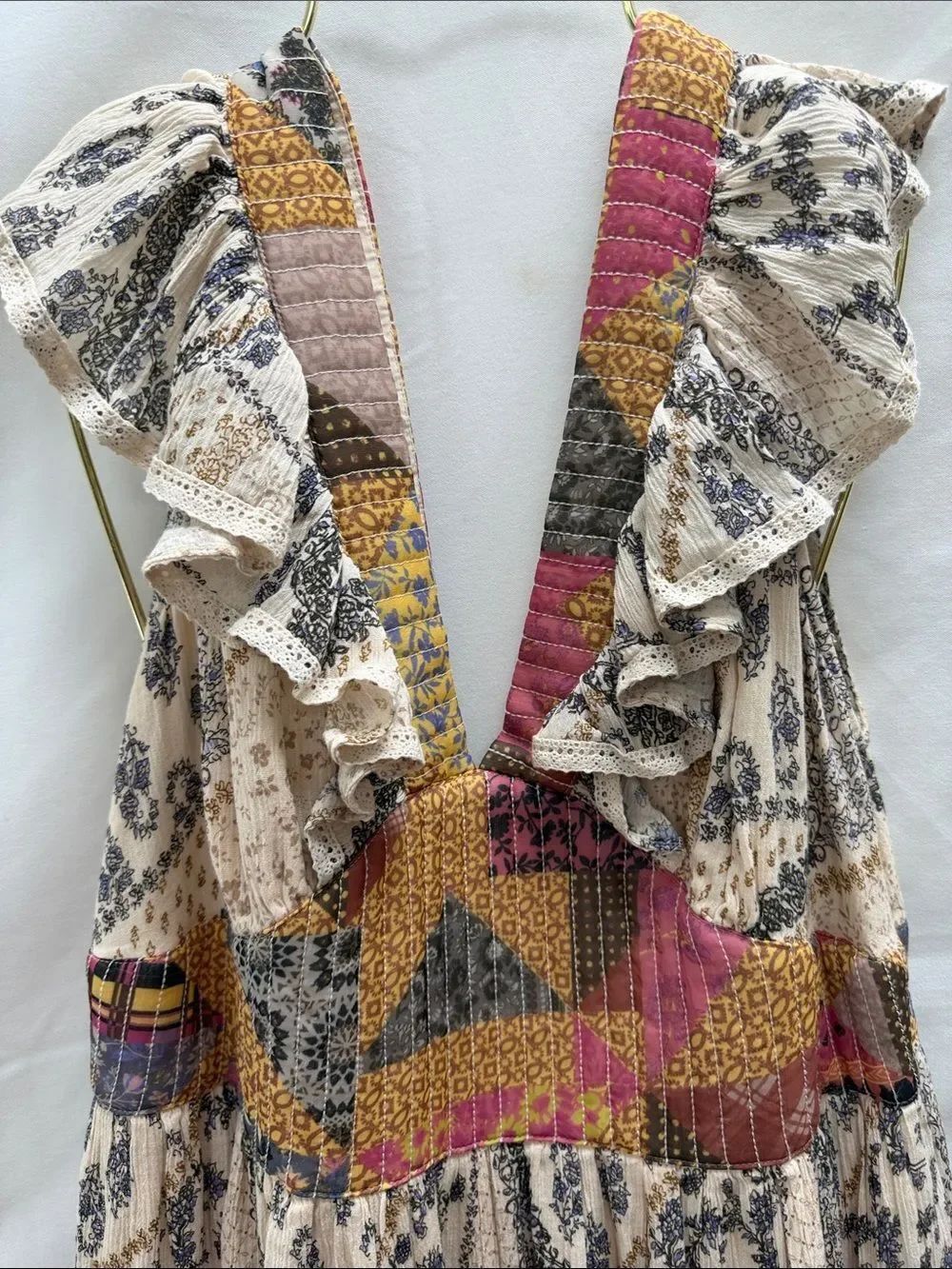 Anthropologie Cream Maxi Dress with Pink & Mustard Smocked Waist - Picture 4 of 7